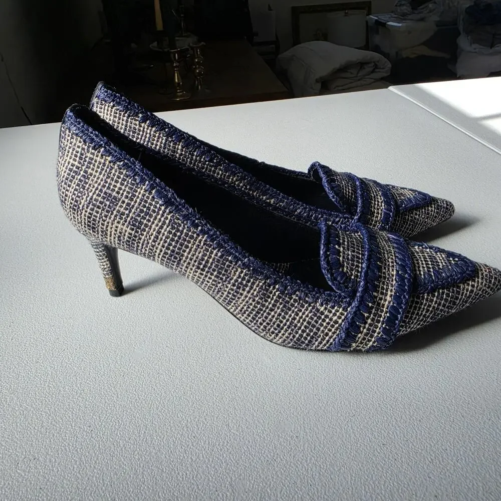 Tory Burch Shoes Womens Size 8 Blue Tweed Pointed Toe Loafer Pumps Stiletto